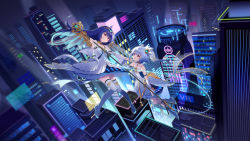 Rule 34 | 2girls, bili girl 22, bili girl 33, bilibili, blue hair, blush, boots, building, city, closed mouth, detached sleeves, floating, highres, long hair, long sleeves, looking at another, multiple girls, night, official art, outdoors, parted lips, red eyes, sharlorc, short hair, skirt, skyscraper, smile, thigh boots, thighhighs, white footwear, white skirt