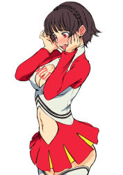 Rule 34 | 1girl, absurdres, black hair, blush, braid, breasts, cheerleader, cleavage, cleavage cutout, clothing cutout, heart cutout, highres, large breasts, navel, navel cutout, niijima makoto, open mouth, persona, persona 5, red eyes, short hair, solo, tagme, thighhighs