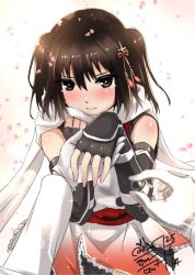 Rule 34 | 10s, 1boy, 1girl, admiral (kancolle), blush, brown eyes, brown hair, cherry blossoms, dated, elbow gloves, fingerless gloves, gloves, go-it, jewelry, kantai collection, looking at viewer, pov, marriage proposal, ring, sendai (kancolle), short hair, signature, solo focus, two side up, wedding band