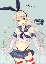 Rule 34 | 10s, 1girl, anchor hair ornament, bare shoulders, black neckerchief, black panties, blonde hair, blue skirt, crop top, crop top overhang, elbow gloves, gloves, hair ornament, hairband, highleg, highleg panties, kantai collection, kimura megumi, long hair, looking at viewer, midriff, miniskirt, navel, neckerchief, open mouth, panties, pleated skirt, sailor collar, shimakaze (kancolle), skirt, solo, striped clothes, striped thighhighs, thighhighs, underwear, white gloves