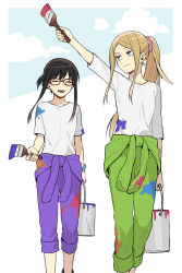 Rule 34 | 2girls, 7100potechi, ^ ^, absurdres, arm at side, arm up, black hair, blouse, blue eyes, brown hair, bucket, closed eyes, clothes around waist, feet out of frame, glasses, green pants, hair ornament, hair scrunchie, highres, holding, holding bucket, holding paintbrush, jacket, jacket around waist, konami kirie, laughing, light brown hair, long hair, long sleeves, looking at another, looking away, looking back, multiple girls, paint can, paint on clothes, paintbrush, pants, pants rolled up, ponytail, purple pants, red-framed eyewear, scrunchie, shirt, short sleeves, sidelocks, sleeves past elbows, smile, t-shirt, updo, usami shiori, white background, white shirt, world trigger, wrist scrunchie