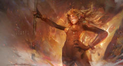 Rule 34 | 1girl, blue eyes, breasts, brown hair, burning, covered navel, entei ryu, fire, floating hair, from below, hand on own hip, highres, holding, holding weapon, lance of longinus (evangelion), long hair, looking away, medium breasts, neon genesis evangelion, plugsuit, signature, solo, souryuu asuka langley, weapon, wind