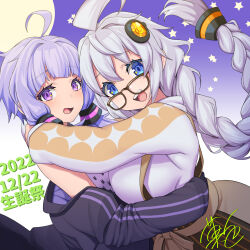 Rule 34 | 2girls, a.i. voice, absurdres, ahoge, animal print, birthday, black jacket, blue eyes, braid, breasts, brown skirt, commentary request, dated, floating hair, from side, glasses, gradient background, grey hair, hair floating upwards, highres, hug, jacket, jacket partially removed, kashiki main, kizuna akari, kizuna akari (a.i. voice), large breasts, long sleeves, looking at viewer, looking over eyewear, looking to the side, multicolored clothes, multicolored jacket, multiple girls, mutual hug, open mouth, print shirt, purple background, purple eyes, purple hair, purple jacket, rabbit print, shirt, short hair with long locks, signature, skirt, sleeveless, sleeveless shirt, smile, star (symbol), star in eye, starry background, suspender skirt, suspenders, sweater, symbol in eye, upper body, voiceroid, white background, white shirt, white sweater, yuzuki yukari, yuzuki yukari (a.i. voice)