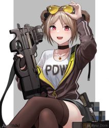 Rule 34 | 1girl, adjusting eyewear, ammunition, artist name, black choker, black gloves, black thighhighs, blush, breasts, brown hair, brown jacket, bullet, bullpup, choker, commentary request, crossed legs, double bun, eyewear on head, fn 5.7x28mm, girls&#039; frontline, gloves, gun, hair bun, hair ornament, hand on eyewear, highres, holding, holding weapon, horizontal magazine, jacket, jewelry, junshiki, light brown hair, looking at viewer, necklace, open clothes, open jacket, open mouth, p90, p90 (girls&#039; frontline), pdw cartridge, personal defense weapon, print shirt, red eyes, see-through, shirt, short hair, simple background, single glove, sitting, smile, solo, submachine gun, sunglasses, thighhighs, translucent, weapon, white shirt