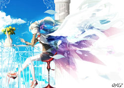 Rule 34 | 1girl, ahoge, aqua eyes, aqua hair, blue sky, chair, cloud, commentary request, flower, hatsune miku, headphones, highres, holding, long hair, looking to the side, musical note, pillar, qys3, railing, shoes, short shorts, shorts, signature, sitting, sky, sneakers, solo, table, vase, very long hair, vocaloid, white wings, wind, wings