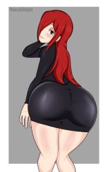 Rule 34 | 1girl, artist request, ass, blush, border, cowboy shot, from behind, grey background, half-closed eyes, highres, leaning forward, long hair, looking at viewer, looking back, parasoul (skullgirls), red hair, skirt, skullgirls, smile, solo, sweater, turtleneck, turtleneck sweater, white border, yellow eyes