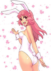 Rule 34 | 1girl, :d, animal ears, ass, bare shoulders, breasts, rabbit, clover, fake animal ears, kishiba yuusuke, leotard, long hair, looking at viewer, looking back, medium breasts, open mouth, original, pink hair, playboy bunny, rabbit ears, rabbit girl, rabbit tail, red eyes, simple background, smile, solo, standing, tail, white leotard, wrist cuffs
