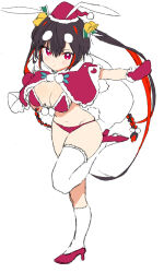 Rule 34 | 1girl, animal ears, baekto (last origin), bell, bikini, black hair, breasts, capelet, character request, christmas, cleavage, closed mouth, full body, fur-trimmed bikini, fur trim, hair bell, hair between eyes, hair ornament, hat, high heels, holding, holding sack, large breasts, last origin, leg up, long hair, looking at viewer, mittens, multicolored hair, pinch (nesume), pom pom (clothes), red capelet, red eyes, red footwear, red hair, red mittens, sack, santa hat, simple background, sketch, solo, swimsuit, tail, thighhighs, white background, white thighhighs