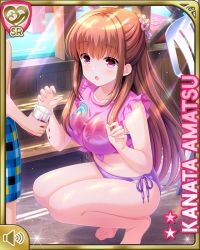 Rule 34 | 1girl, :o, amatsu kanata, bare arms, bare legs, barefoot, beach, brown hair, card, character name, day, girlfriend (kari), kneeling, long hair, navel, official art, one-piece swimsuit, open mouth, outdoors, pink shirt, purple one-piece swimsuit, qp:flapper, red eyes, shirt, solo, swimsuit, tagme, tied shirt