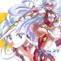 Rule 34 | 1girl, :d, blue eyes, blue hair, boots, bow, closed mouth, collarbone, dated, dual persona, ginga ojou-sama densetsu yuna, holding, holding polearm, holding weapon, knee boots, leotard, liavelt von neuestein, long hair, looking at viewer, mask, open mouth, pink bow, polearm, puffy sleeves, red footwear, red leotard, rekka uran, signature, skirt, smile, very long hair, weapon, white skirt
