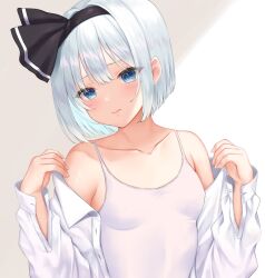 Rule 34 | 1girl, aqua eyes, black hairband, blush, breasts, closed mouth, collarbone, commentary request, grey hair, hairband, highres, konpaku youmu, long sleeves, looking at viewer, short hair, small breasts, solo, touhou, upper body, y na1211