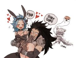 Rule 34 | 1boy, 1girl, animal ears, bare shoulders, black hair, blue hair, breasts, cat, collarbone, couple, elbow gloves, fairy tail, fake animal ears, gajeel redfox, gloves, levy mcgarden, long hair, pantherlily, playboy bunny, rabbit ears, rusky, sharp teeth, simple background, speech bubble, teeth, torn clothes