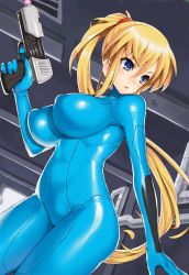 Rule 34 | 1girl, alternate hair length, alternate hairstyle, blonde hair, blue eyes, bodysuit, breasts, covered erect nipples, cowboy shot, finger on trigger, from side, gun, hair between eyes, huge breasts, indoors, industrial pipe, large breasts, latex, long hair, metroid, metroid: zero mission, nagase haruhito, nintendo, parted bangs, ponytail, samus aran, shiny clothes, skin tight, solo, standing, thighs, very long hair, weapon, zero suit