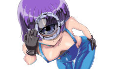 Rule 34 | 1girl, blue eyes, breasts, cleavage, clothes writing, cosplay, cowboy shot, cyclops, despicable me, downblouse, gloves, goggles, tucking hair, highres, leaning forward, looking at viewer, manako, minion (despicable me), minion (despicable me) (cosplay), monster girl, monster musume no iru nichijou, naked overalls, okan, one-eyed, overalls, purple hair, simple background, solo, white background