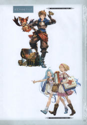 Rule 34 | 10s, 1girl, 2girls, absurdres, armor, blonde hair, blue eyes, blue hair, boots, box, brown eyes, brown hair, collarbone, crown, djeeta (granblue fantasy), dress, frills, gauntlets, gift, gift box, gold, gran (granblue fantasy), granblue fantasy, hairband, hand on own hip, highres, holding, knee boots, long hair, looking at viewer, lyria (granblue fantasy), minaba hideo, multiple girls, non-web source, pants, scan, shoes, short hair, simple background, smile, socks, treasure chest, vyrn (granblue fantasy), white dress, white legwear