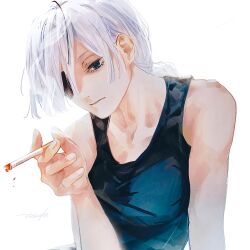 Rule 34 | 1girl, 28cg, absurdres, black eyes, black tank top, chainsaw man, cigarette, closed mouth, eyepatch, hand up, highres, holding, holding cigarette, long hair, looking at viewer, one eye covered, ponytail, quanxi (chainsaw man), simple background, solo, tank top, upper body, white background, white hair