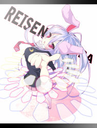 Rule 34 | 1girl, animal ears, bad id, bad pixiv id, blue hair, business suit, character name, danmaku, female focus, finger gun, formal, letterboxed, long hair, necktie, oota minoru, pointing, pointing at viewer, rabbit ears, red eyes, reisen udongein inaba, skirt, solo, suit, thighhighs, touhou, white thighhighs, zettai ryouiki