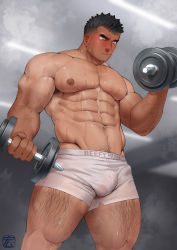 Rule 34 | 1boy, abs, absurdres, arm hair, bara, biceps, black hair, blush, bulge, closed mouth, clothes writing, dark-skinned male, dark skin, dumbbell, exercising, frown, hairy, highres, hiroki bzdsk, large pectorals, leg hair, male focus, muscular, muscular male, navel, navel hair, nipples, original, pectorals, runny nose, short hair, short shorts, shorts, snot, solo, steaming body, stomach, sweat, sweatdrop, tan, thick eyebrows, thick thighs, thighs, topless male, triceps, undercut, weightlifting, wet, wet shorts, white shorts