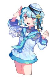 Rule 34 | 1girl, aqua sailor collar, brown eyes, commentary, cropped legs, dated, dixie cup hat, double bun, eto (etonomemo1008), hair bun, hat, highres, kantai collection, long sleeves, looking at viewer, military hat, neckerchief, open mouth, sailor collar, samuel b. roberts (kancolle), school uniform, serafuku, short hair, signature, simple background, solo, star (symbol), symbol-only commentary, twitter username, white background