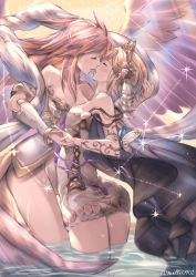 Rule 34 | 2girls, angel wings, bad id, bad pixiv id, bare shoulders, blonde hair, blush, breasts, cleavage, commentary request, europa (granblue fantasy), closed eyes, flower, gabriel (granblue fantasy), granblue fantasy, hair flower, hair ornament, holding hands, hand on another&#039;s head, highres, imminent kiss, large breasts, light, long hair, milli little, multiple girls, no panties, open mouth, pink hair, short hair, small breasts, sparkle, twitter username, wading, wet, wings, yuri
