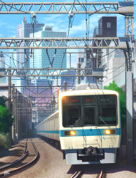 Rule 34 | blue sky, building, city, cityscape, cloud, commentary request, day, highres, md5 mismatch, mugumo 24k, no humans, original, outdoors, power lines, railroad tracks, resolution mismatch, scenery, shadow, sky, skyscraper, source smaller, train