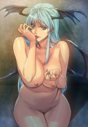 Rule 34 | 1girl, aqua hair, bat wings, blue eyes, breasts, capcom, completely nude, cupping hand, curvy, demon girl, green hair, head wings, highres, homare (fool&#039;s art), large breasts, legs, licking, long hair, looking at viewer, morrigan aensland, naughty face, navel, nipples, nude, simple background, sitting, solo, thigh gap, thighs, tongue, tongue out, vampire (game), wings