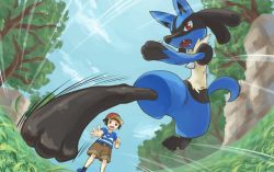 Rule 34 | 2boys, animal ears, animal feet, animal hands, arm up, black fur, blue fur, blue sky, body fur, cloud, creatures (company), day, dutch angle, elio (pokemon), fangs, feet, fisheye, foot focus, foreshortening, furry, furry male, game freak, gen 4 pokemon, grass, hinata kanata, incoming attack, jumping, kicking, looking at viewer, lucario, male focus, motion lines, multicolored fur, multiple boys, nintendo, open mouth, outdoors, pokemon, pokemon (creature), pokemon sm, red eyes, sky, snout, spikes, tail, tree, wolf boy, wolf ears, wolf tail, yellow fur