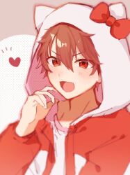 Rule 34 | 1boy, 87coco, bow, brown hair, commentary request, ensemble stars!, hand up, heart, hood, hood up, hooded jacket, jacket, long sleeves, looking at viewer, male focus, morisawa chiaki, official alternate costume, open clothes, open jacket, open mouth, red bow, red eyes, short hair, solo, upper body