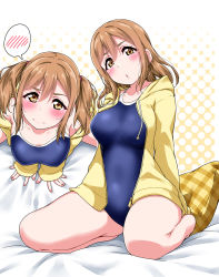 Rule 34 | 10s, :o, alternate hairstyle, bare legs, barefoot, bed sheet, blush, breasts, brown hair, chestnut mouth, collarbone, competition school swimsuit, embarrassed, from above, halftone, halftone background, highres, hood, hoodie, jacket, kunikida hanamaru, large breasts, long hair, long sleeves, looking at viewer, love live!, love live! sunshine!!, multiple views, nail polish, on bed, one-piece swimsuit, open clothes, open jacket, open mouth, pillow, plaid pillow, polka dot, polka dot background, school swimsuit, seiza, sidelocks, sitting, speech bubble, spoken blush, swimsuit, thick thighs, thighs, twintails, yellow eyes, yellow jacket, yopparai oni, | |