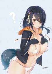 Rule 34 | 10s, 1girl, ?, alternate breast size, bikini, bikini under clothes, black hair, blonde hair, breasts, brown eyes, commentary request, dutch angle, emperor penguin (kemono friends), hair over one eye, hand on own chest, headphones, highres, hood, hood down, hooded jacket, jacket, kemono friends, large breasts, long hair, looking at viewer, multicolored hair, open clothes, open jacket, parted lips, sakuhiko, solo, standing, sweat, swimsuit, tail, track jacket, white bikini