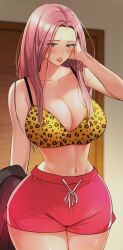 Rule 34 | 1girl, black jacket, blue eyes, blush, bra, door, embarrassed, glory hole (manhwa), hand up, highres, jacket, long hair, looking at viewer, open mouth, pink hair, red shorts, removed clothing, shorts, solo, suspenders, underwear, very long hair, yang geum-hae, yellow bra