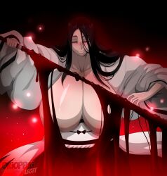 Rule 34 | 1girl, absurdres, black hair, bleach, blood, bloody weapon, breasts, breasts out, cleavage, closed eyes, gradient background, hair down, haori, highres, holding, holding sword, holding weapon, huge breasts, japanese clothes, katana, long hair, looking at viewer, okioppai, red background, scar, scar on chest, solo, sword, unohana retsu, very long hair, weapon
