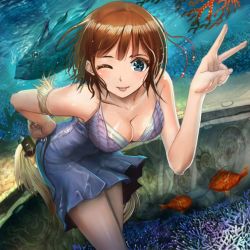Rule 34 | 1girl, :p, aquarium, bad id, bad pixiv id, bare shoulders, bent over, blue eyes, breasts, brown hair, cleavage, downblouse, dress, fish, foreshortening, hand on own hip, large breasts, leaning forward, one eye closed, original, revision, shijima (tanfn), short dress, short hair, solo, tongue, tongue out, v