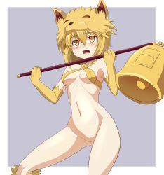 Rule 34 | 1girl, absurdres, animal hands, bell, blonde hair, blush, border, bottomless, breasts, clam curry, cleft of venus, commentary request, feet out of frame, fox hat, grey background, hair between eyes, halterneck, highres, holding, holding staff, medium hair, moonlight flower, open mouth, outside border, paid reward available, pussy, ragnarok online, simple background, small breasts, solo, staff, uncensored, white border, yellow eyes