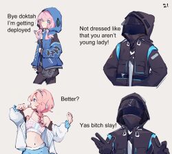 Rule 34 | 1girl, 1other, arknights, bare shoulders, black coat, black gloves, black pantyhose, black shorts, blue eyes, blue jacket, blue poison (arknights), blue poison (shoal beat) (arknights), blue shorts, blush, braid, closed mouth, coat, cowboy shot, cropped legs, doctor (arknights), gloves, grey background, hairband, highres, hood, hood up, hooded coat, hooded jacket, jacket, long hair, long sleeves, looking at viewer, low twin braids, low twintails, meme, navel, off shoulder, official alternate costume, open clothes, open coat, open jacket, pantyhose, pink hair, ruri (dailybloopy), shorts, simple background, spaghetti strap, sports bra, stomach, twin braids, twintails, white hairband, white jacket, white sports bra, yas bitch slay (meme)