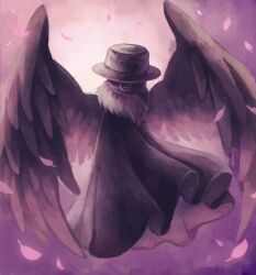 Rule 34 | black cloak, black hat, black wings, cloak, commentary request, falling feathers, feathered wings, feathers, fur-trimmed cloak, fur trim, hat, kakuredo ura, lobotomy corporation, pink background, pink feathers, plague doctor, plague doctor (project moon), plague doctor mask, project moon, solo, wings