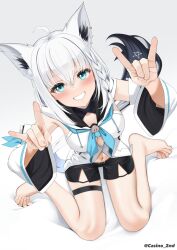 Rule 34 | 1girl, ahoge, animal ear fluff, animal ears, bare legs, barefoot, black shorts, blue eyes, braid, breasts, casino (casinoep), detached sleeves, double fox shadow puppet, feet, fox ears, fox shadow puppet, fox tail, from above, full body, grin, hair between eyes, highres, hololive, long sleeves, looking at viewer, medium breasts, navel, shirakami fubuki, shirakami fubuki (1st costume), short shorts, shorts, smile, solo, tail, thigh strap, twitter username, virtual youtuber, white background, white hair