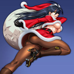 Rule 34 | 1girl, aozoraichi, ass, black hair, boots, breasts, character request, cleats, high heels, highres, long hair, original, pantyhose, sack, santa costume, shoes, skin tight, solo, underboob, yellow eyes
