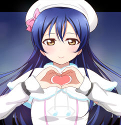 Rule 34 | 1girl, blue hair, blush, commentary request, detached sleeves, fur trim, hair between eyes, hat, heart, heart hands, long hair, looking at viewer, love live!, love live! school idol project, ribbon, simple background, smile, snow halation, solo, sonoda umi, upper body, wewe, yellow eyes
