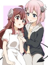 Rule 34 | 2girls, aayh, ahoge, black jacket, blue eyes, blush, brown eyes, brown hair, brown shirt, chiyoda momo, collarbone, collared dress, commentary request, curled horns, demon girl, demon horns, demon tail, drawstring, dress, eye contact, fang, grey pants, hair between eyes, hair ornament, holding hands, hood, hood down, hooded jacket, horns, jacket, long hair, looking at another, machikado mazoku, multiple girls, open clothes, open jacket, open mouth, pants, parted lips, pink background, pink hair, puffy short sleeves, puffy sleeves, shirt, short sleeves, tail, tail wrap, two-tone background, very long hair, white background, white dress, x hair ornament, yoshida yuuko (machikado mazoku)