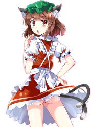 Rule 34 | 1girl, adapted costume, alternate costume, animal ears, apron, ass, brown eyes, brown hair, cat ears, cat tail, chen, dress, e.o., enmaided, hat, highres, looking at viewer, looking back, maid, maid apron, mob cap, multiple tails, nekomata, open mouth, panties, pantyshot, puffy short sleeves, puffy sleeves, red dress, shirt, short sleeves, solo, striped clothes, striped panties, tail, touhou, underwear, upskirt