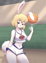 Rule 34 | 1girl, :3, absurdres, basket, basketball, basketball uniform, blonde hair, breasts, carrot (one piece), censored, cleavage, cosplay, curvy, eyelashes, fur, highres, lola bunny (cosplay), long hair, looking at viewer, medium breasts, medium hair, naughty face, navel, one piece, seductive smile, short shorts, shorts, simmsy, smile, space jam, sportswear, upper body