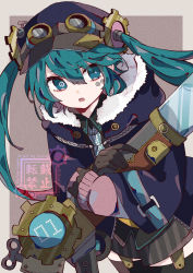 Rule 34 | 1girl, :o, black hat, black shorts, black thighhighs, bloomminority, blue capelet, blue hair, blue necktie, bright pupils, cabbie hat, capelet, commentary, fur-trimmed capelet, fur trim, garter straps, gear hair ornament, gears, goggles, goggles on headwear, hat, hatsune miku, highres, holding, holding weapon, long hair, looking to the side, mismatched pupils, necktie, pink sweater, screw, shorts, sidelocks, solo, steampunk, sweater, symbol-shaped pupils, thighhighs, twintails, vocaloid, weapon, white necktie, white pupils