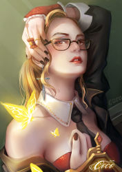 Rule 34 | 1girl, absurdres, alternate hair color, arm up, black nails, blonde hair, breasts, cleavage, destincelly, earrings, glasses, highres, jewelry, league of legends, looking at viewer, nail polish, parted lips, red eyes, red nails, ring, vayne (league of legends), solo, upper body