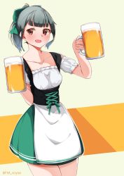 Rule 34 | 1girl, absurdres, alcohol, apron, barmaid, beer, beer mug, bow, brown eyes, commentary request, cowboy shot, cup, dirndl, dress, german clothes, green skirt, grey hair, hair bow, highres, kantai collection, looking at viewer, mug, ponytail, short hair, short ponytail, skirt, smile, solo, twitter username, two-tone background, uut, white apron, white background, yuubari (kancolle)