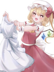 Rule 34 | 1girl, ascot, blonde hair, cowboy shot, crystal, dress, flandre scarlet, hat, highres, medium hair, mob cap, naarsann, open mouth, red dress, red eyes, red ribbon, ribbon, side ponytail, simple background, solo, sparkling eyes, touhou, white background, white dress, yellow ascot