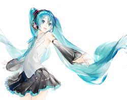 Rule 34 | 1girl, :d, bare shoulders, black skirt, black sleeves, blue eyes, blue hair, blue neckwear, commentary request, cowboy shot, detached sleeves, hatsune miku, hatsune miku (nt), headphones, highres, long hair, long sleeves, looking away, looking to the side, miniskirt, open mouth, shirt, shoulder tattoo, simple background, skirt, smile, solo, tattoo, twintails, very long hair, vocaloid, white background, white shirt, yyb