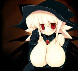 Rule 34 | 1girl, blonde hair, blush, breasts, cleavage, gloves, hat, large breasts, pointy ears, red eyes, sakaki (noi-gren), smile, solo, witch hat