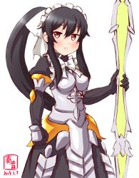 Rule 34 | 1girl, alternate costume, artist name, black hair, blush, breasts, commentary request, cosplay, dated, dress, gloves, hair ornament, highres, kanon (kurogane knights), kantai collection, long hair, long sleeves, looking at viewer, maid, maid headdress, narberal gamma, narberal gamma cosplay, overlord (maruyama), ponytail, signature, simple background, solo, white background, yahagi (kancolle)