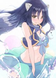 Rule 34 | 1girl, animal ears, aqua bow, aqua skirt, arched back, bare arms, bikini, bikini top only, black hair, blush, bow, breasts, cleavage, closed mouth, cowboy shot, cropped jacket, floating hair, frilled skirt, frills, furrowed brow, gold trim, hair between eyes, highres, hug, long hair, looking at viewer, medium breasts, midriff, navel, princess connect!, shiori (princess connect!), sidelocks, sideways glance, simple background, skirt, skirt tug, sleeveless, solo, swimsuit, uruc, wavy mouth, yellow eyes